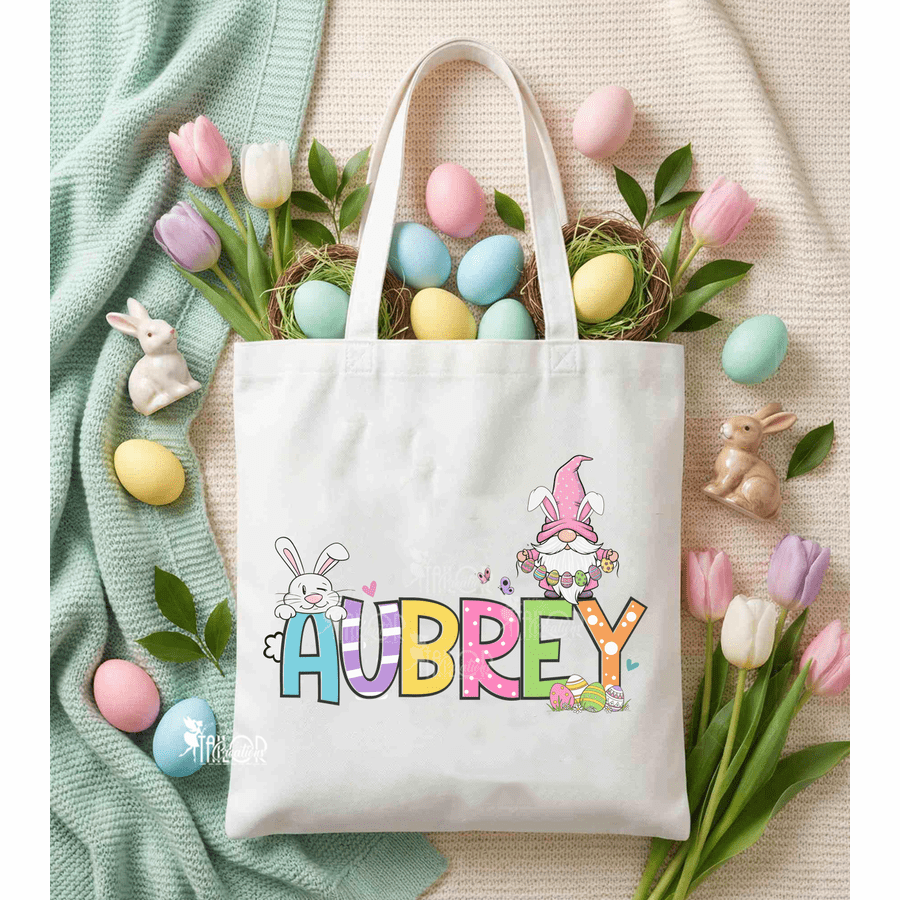 Easter Custom Name Tote Bag for Kids - Easter Gnome Pastel Personalized Tote Bag