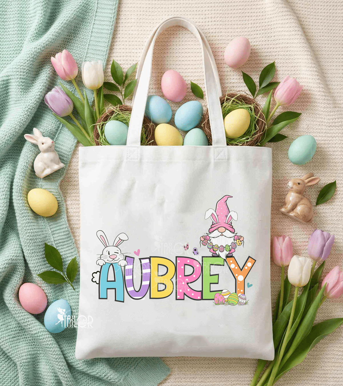 Easter Custom Name Tote Bag for Kids - Easter Gnome Pastel Personalized Tote Bag