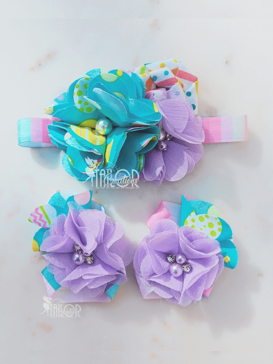 Easter Eggs Baby Girl Pearl Rhinestone Flowers Headband - Easter Spring Baby Girl Barefoot Sandals Set 