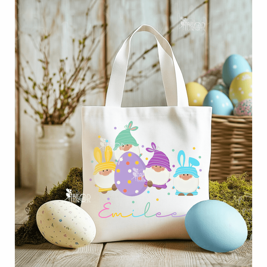 Easter Gnome Bunny Pastel Custom Name Tote Bag - Spring Custom Gift Ideas for Kids