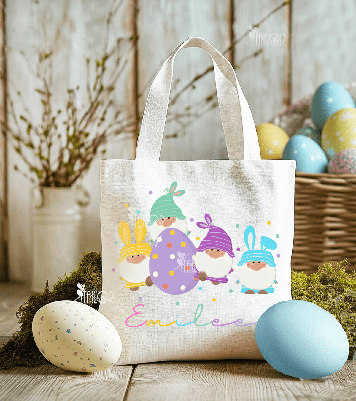 Easter Gnome Bunny Pastel Custom Name Tote Bag - Spring Custom Gift Ideas for Kids