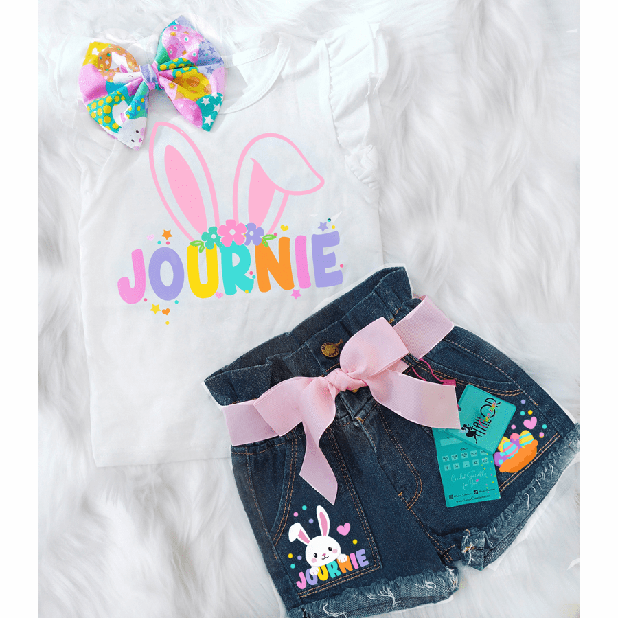 Easter Pastel Bunny Custom Denim Outfit for Girls - Cute Easter Egg Hunt Outfit