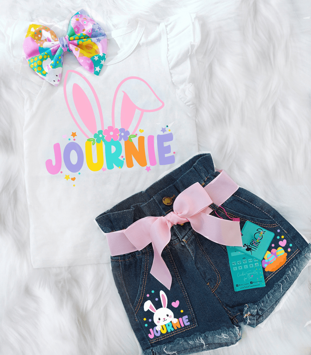 Easter Pastel Bunny Custom Denim Outfit for Girls - Cute Easter Egg Hunt Outfit