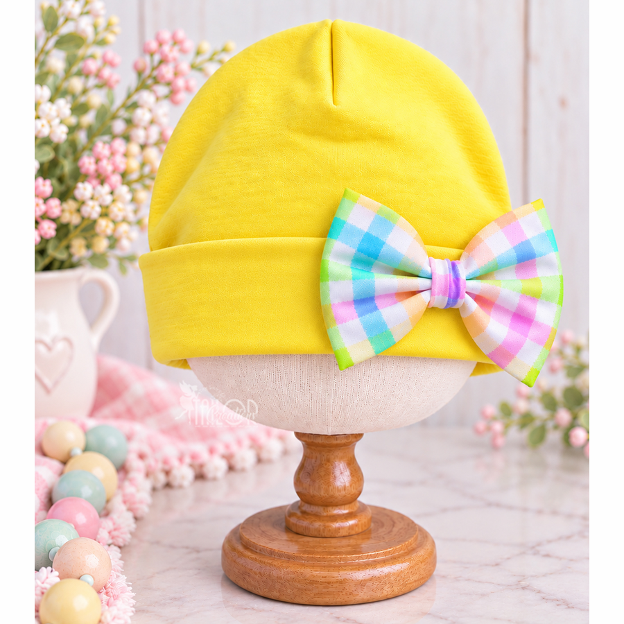Easter Pastel Gingham Baby Newborn Hospital Bow Hat - Bunny Baby Girl Custom Name Beanie Hat