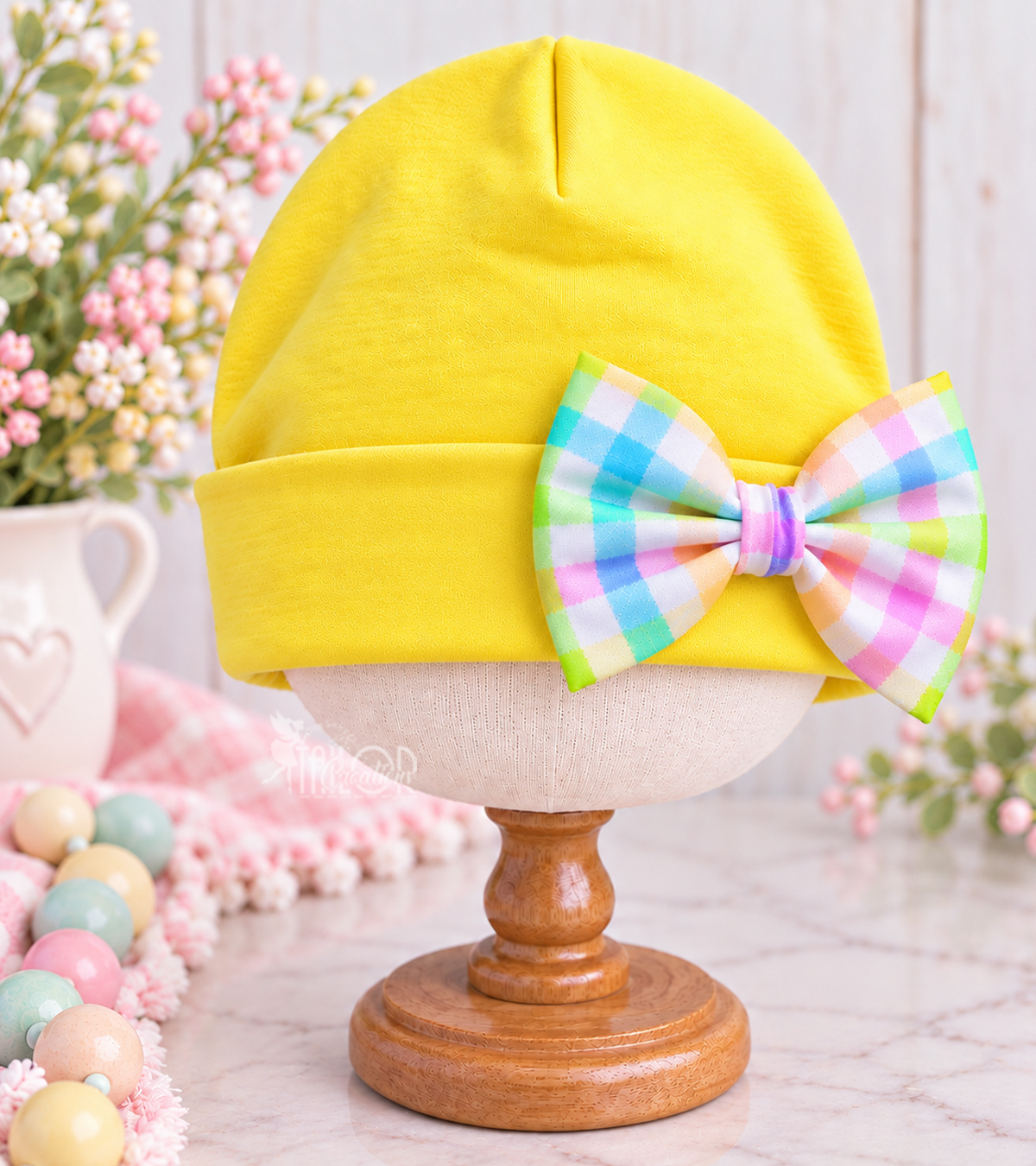 Easter Pastel Gingham Baby Newborn Hospital Bow Hat - Bunny Baby Girl Custom Name Beanie Hat