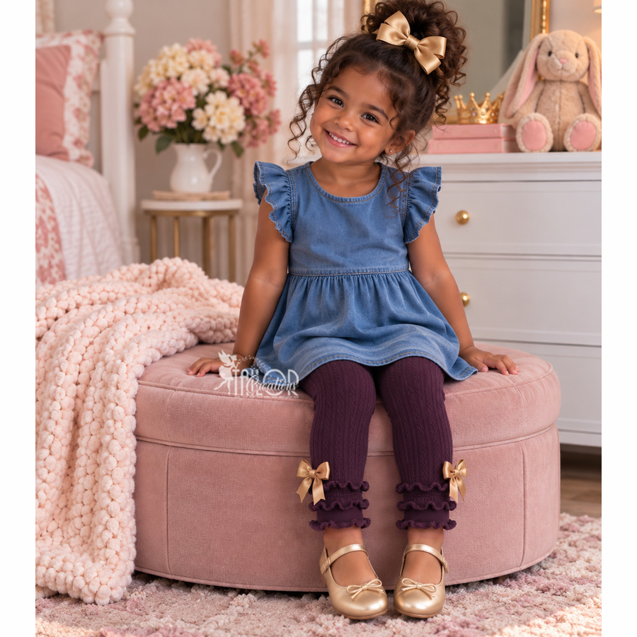Eggplant Plum and Gold Bow Ruffle Leggings Toddler Kids - Fall Boutique Bow Ruffle Leggings