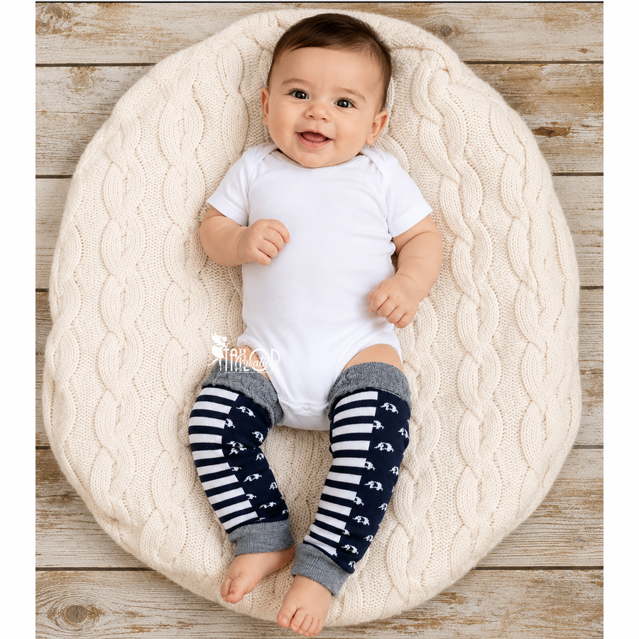 Elephant Leg Warmers for Baby and Toddler Kids - Gray & Blue Striped Leg Warmers