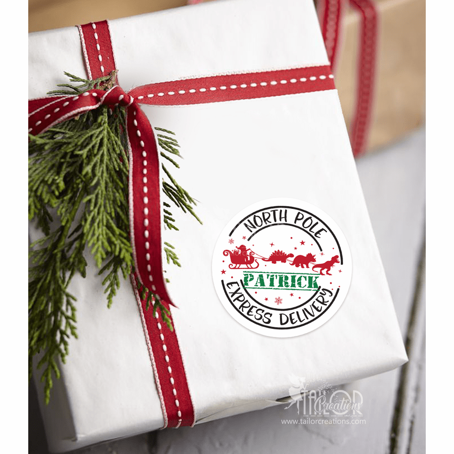 Express Delivery Santa Sleigh and Dinosaurs Custom Name Gift Label Stickers - North Pole Custom Holiday Gift Tags