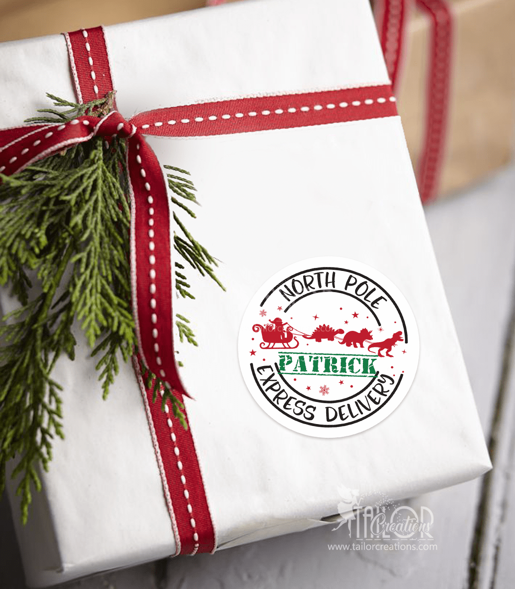 Express Delivery Santa Sleigh and Dinosaurs Custom Name Gift Label Stickers - North Pole Custom Holiday Gift Tags