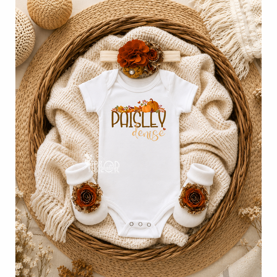 Fall Baby Girl Custom Name Outfit - Thanksgiving Autumn Bodysuit for Newborn Girl