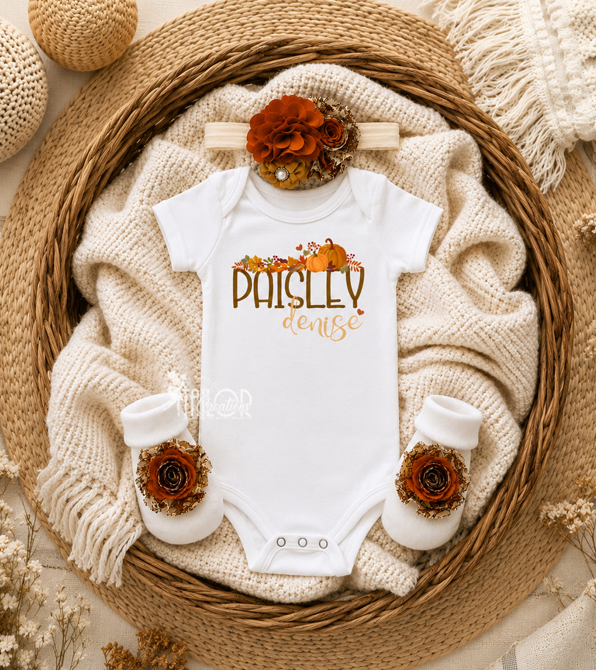 Fall Baby Girl Custom Name Outfit -  Thanksgiving Autumn Bodysuit for Newborn Girl