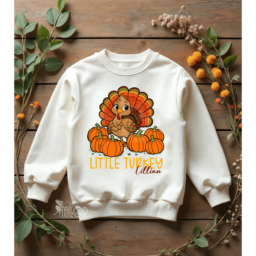 Fall Little Turkey Custom Name Toddler Sweatshirt Outfit - Thanksgiving Turkey Toddler Tee Shirt
