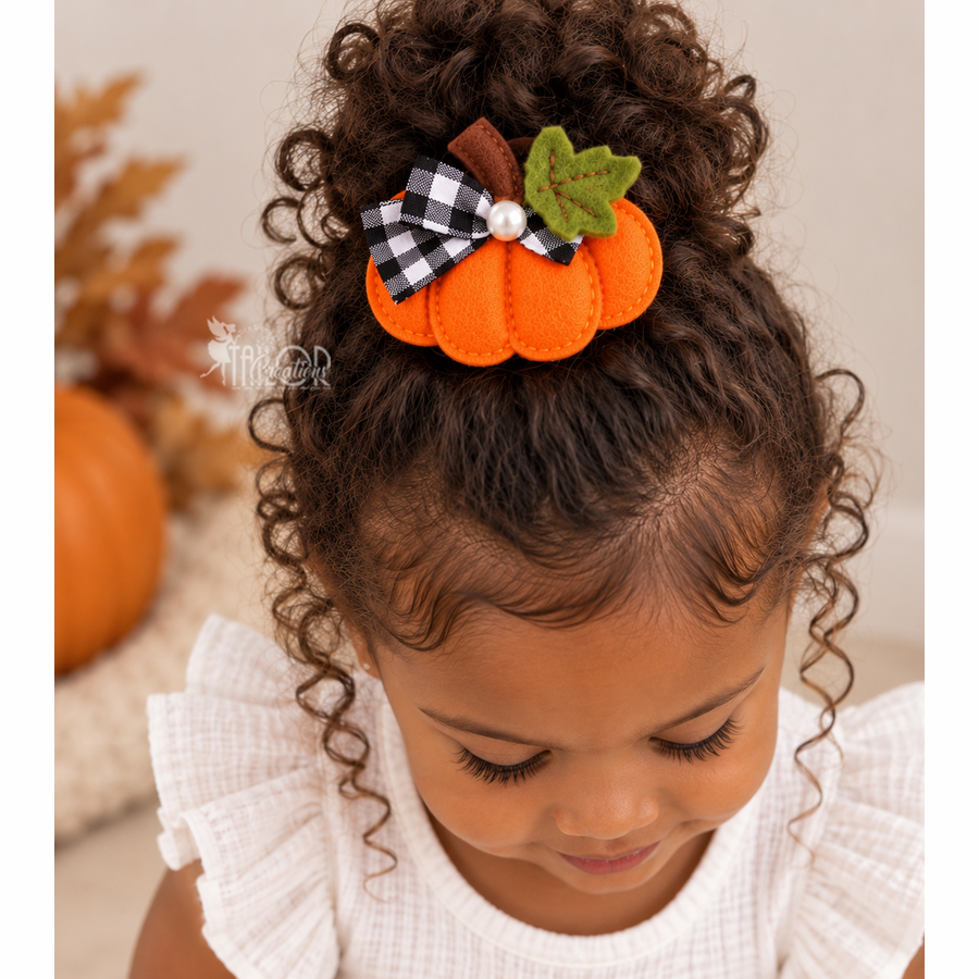 Fall Pumpkin Felt Hair Clip for Toddler Girl - Halloween Pumpkin Gingham Hair Clip