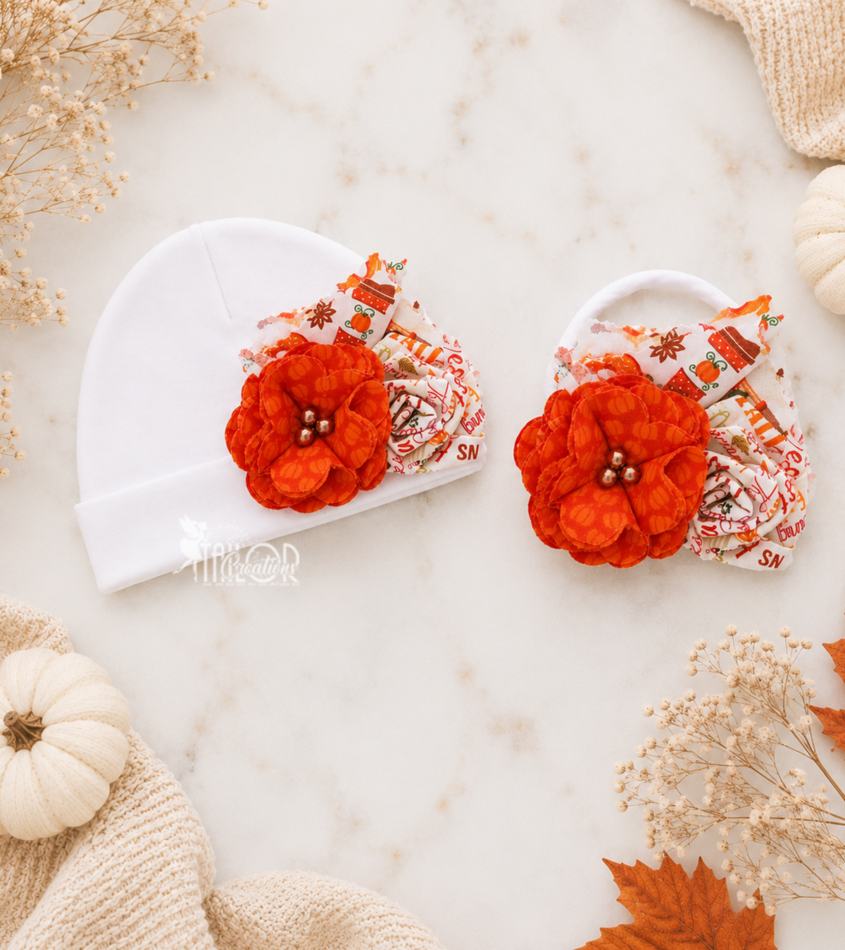 Fall Pumpkin Spice Latte Fabric Cluster Headband - Boutique Baby Girl Hat 