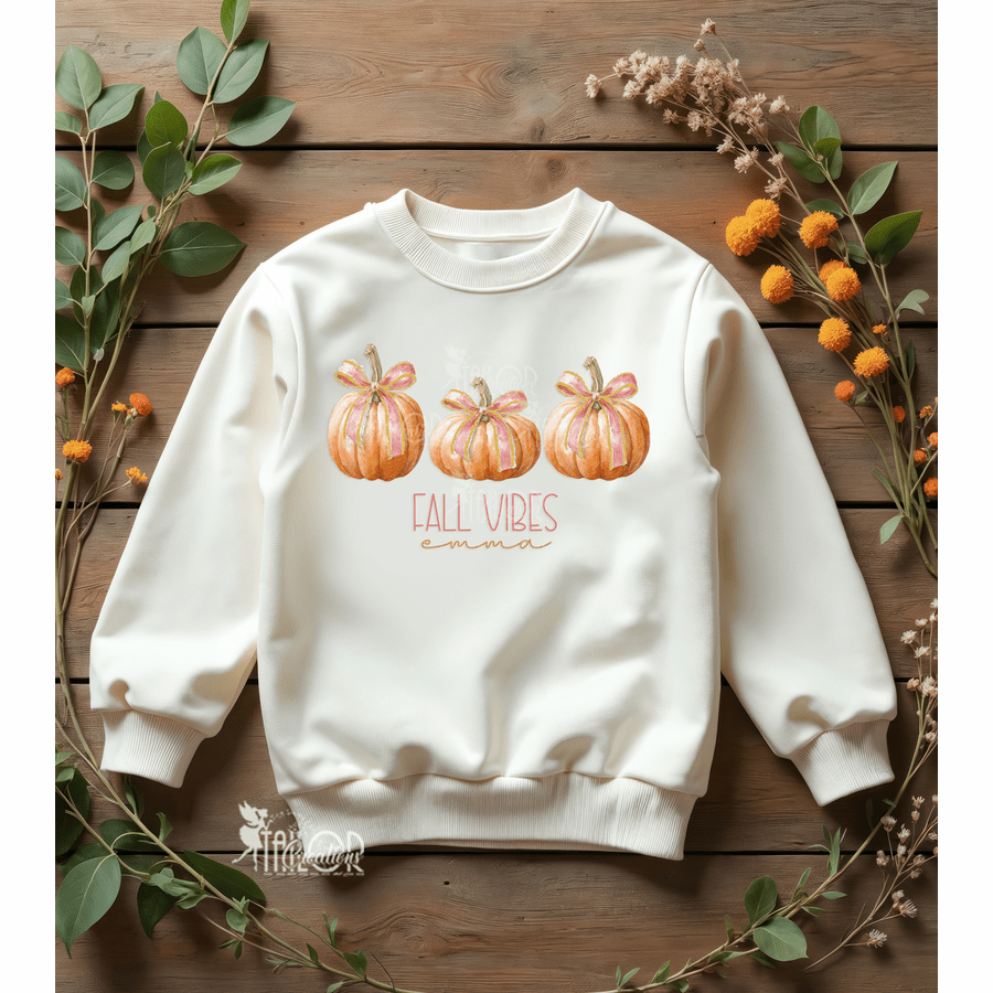 Fall Vibes Watercolor Coquette Bow Gold Pumpkin Sweater Leggings Outfit -  Pumpkin Sweatshirt Outfit Girls