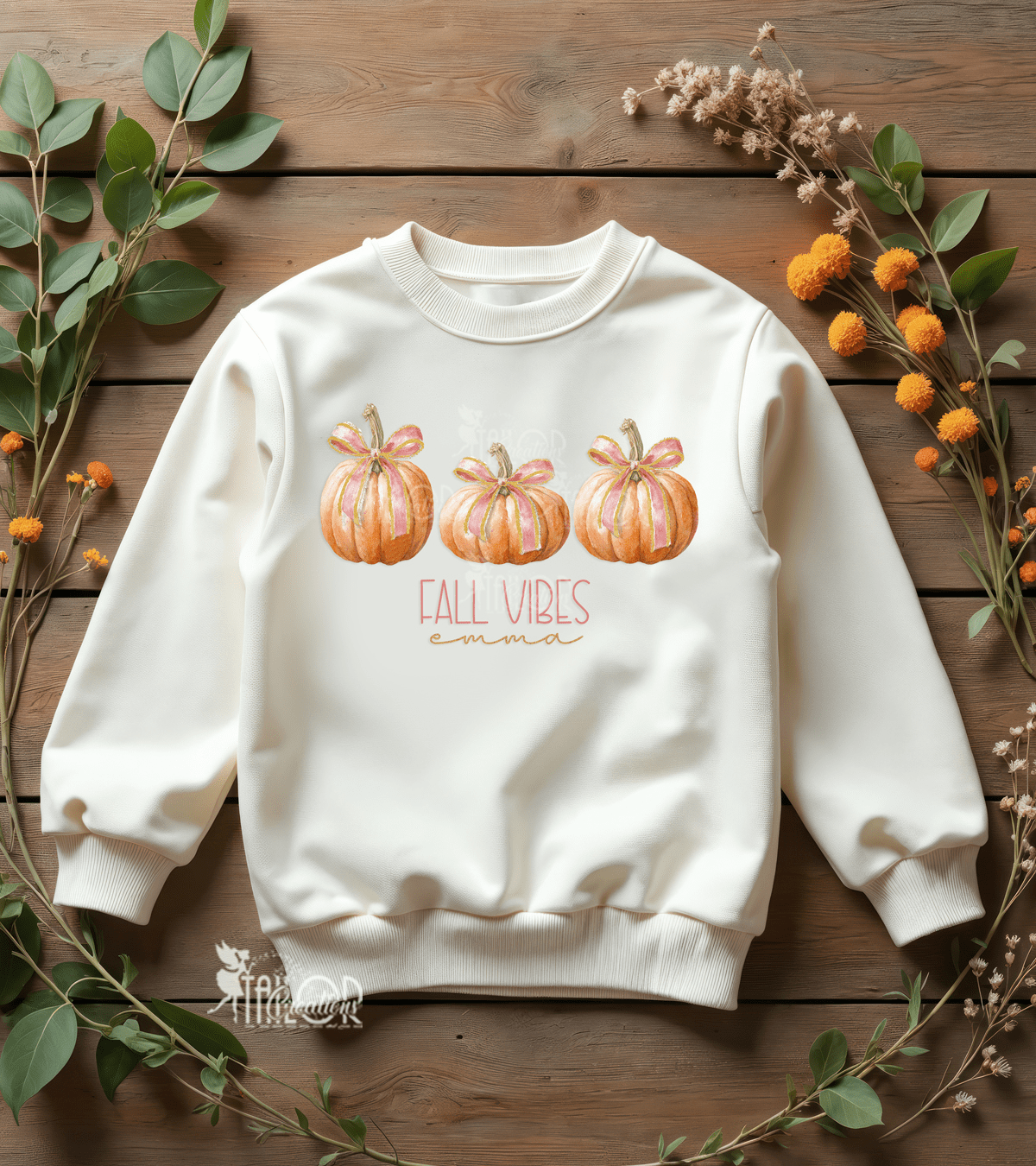 Fall Vibes Watercolor Coquette Bow Gold Pumpkin Sweater Leggings Outfit -  Pumpkin Sweatshirt Outfit Girls