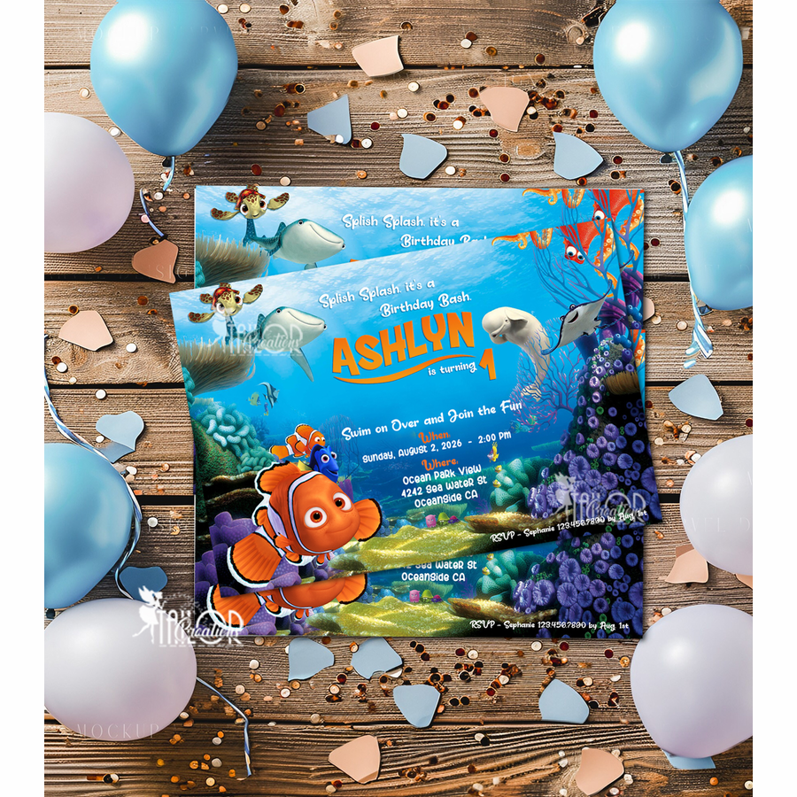 Finding Nemo Custom Printable Invitations - Printed Disney Pixar Nemo Invitations and Envelopes