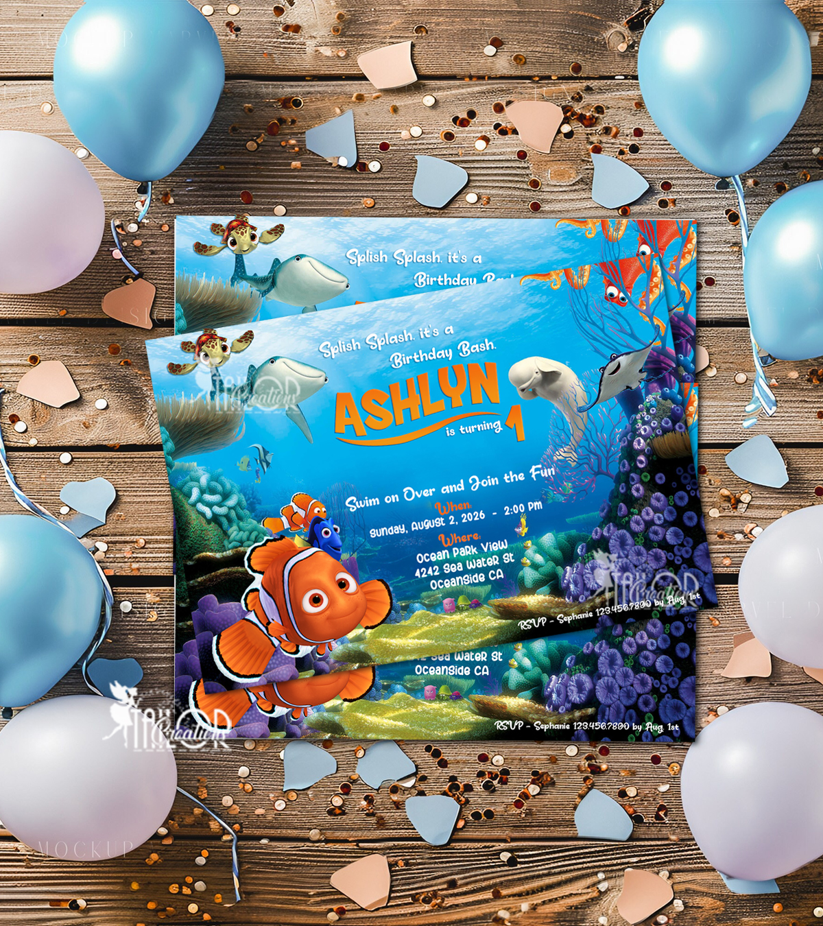 Finding Nemo Custom Printable Invitations - Printed Disney Pixar Nemo Invitations and Envelopes