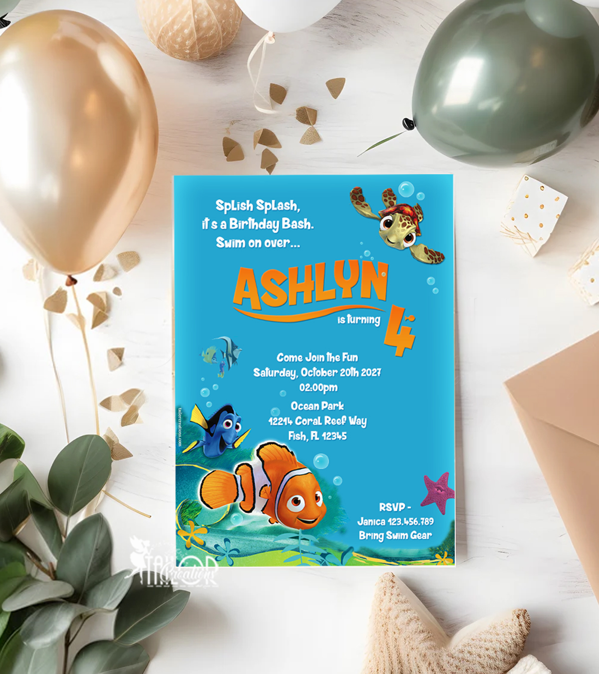 Finding Nemo Custom Printable Invitations - Under the Sea Ocean Theme Invitations