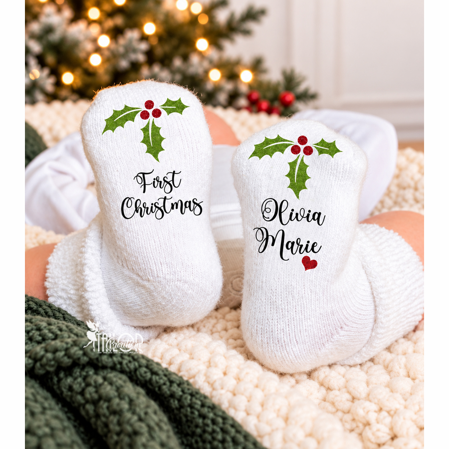 First Christmas Custom Newborn Baby Socks - Baby Holiday Announcement Socks Gift Box