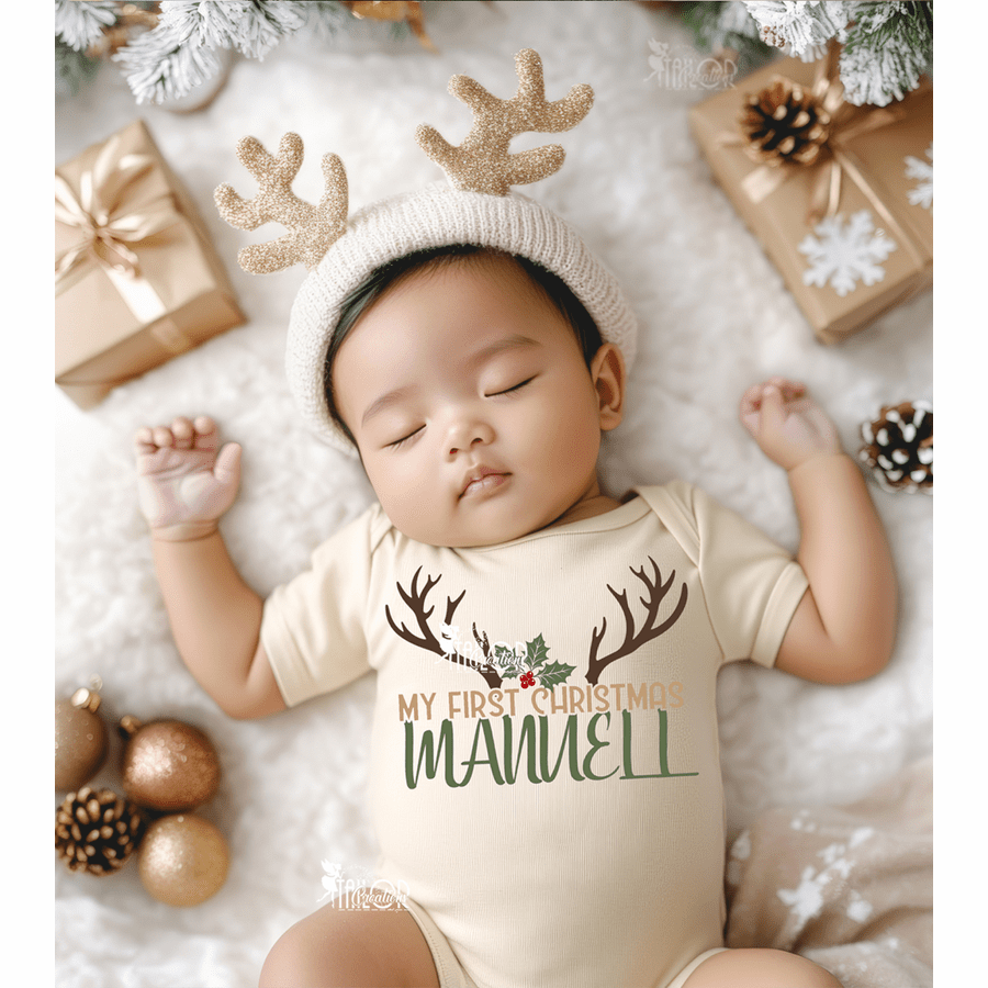 First Christmas Reindeer Newborn Baby Bodysuit Custom Name - Christmas Newborn Baby Outfit