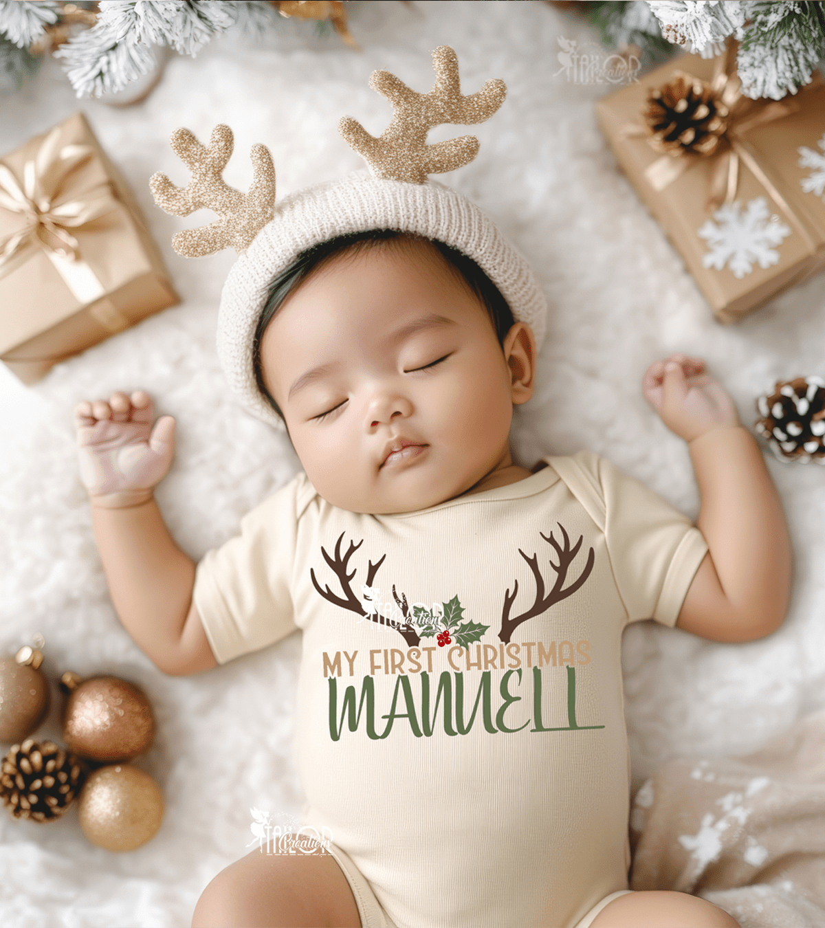 First Christmas Reindeer Newborn Baby Bodysuit Custom Name - Christmas Newborn Baby Outfit