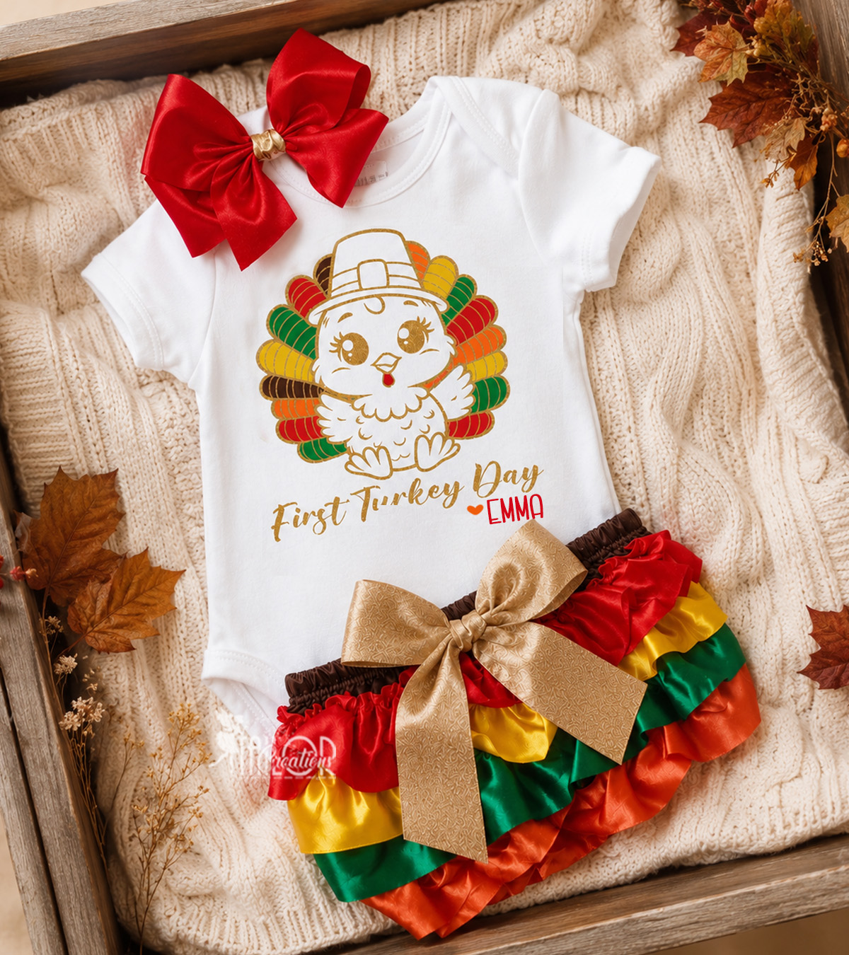 First Turkey Day Thanksgiving Baby Girl Outfit - Turkey Infant Baby Girl Bodysuit Bloomers Set