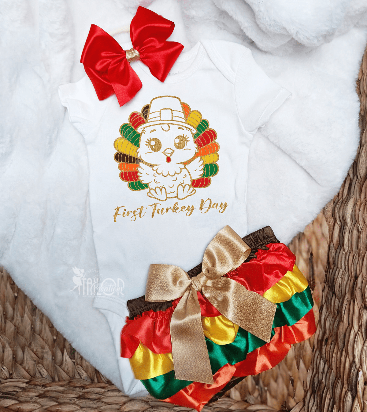 First Turkey Day Thanksgiving Baby Girl Outfit - Turkey Infant Baby Girl Bodysuit Bloomers Set
