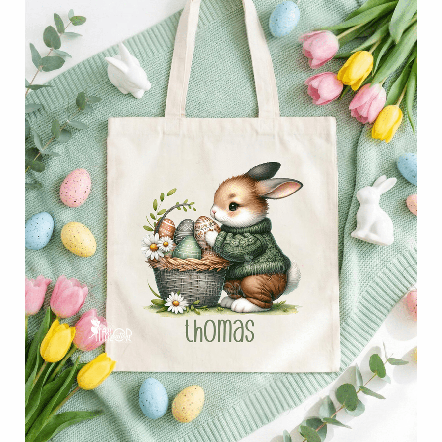 Floral Easter Bunny Custom Tote Bag for Boys - Watercolor Easter Personalized Tote Bags