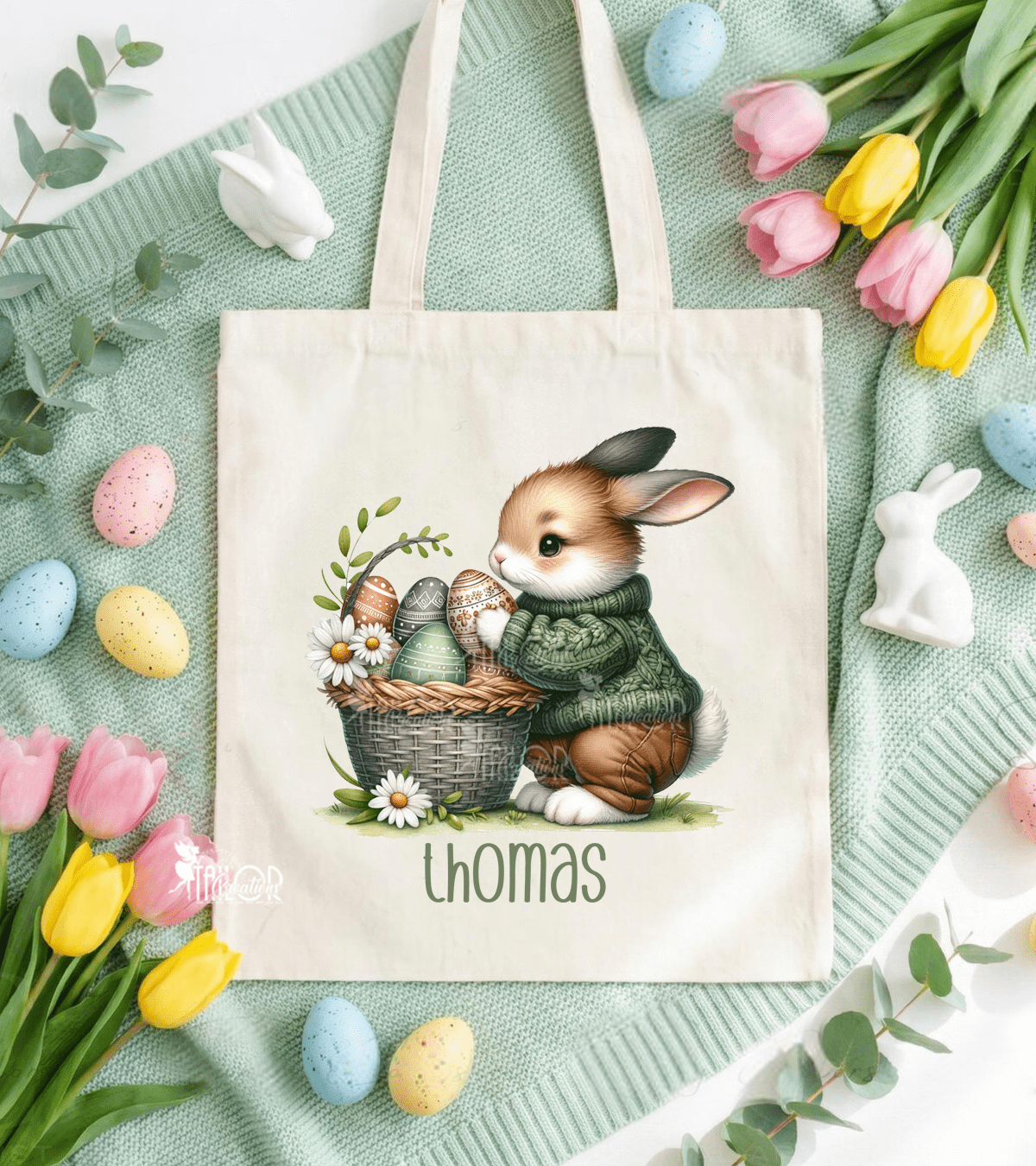 Floral Easter Bunny Custom Tote Bag for Boys - Watercolor Easter Personalized Tote Bags