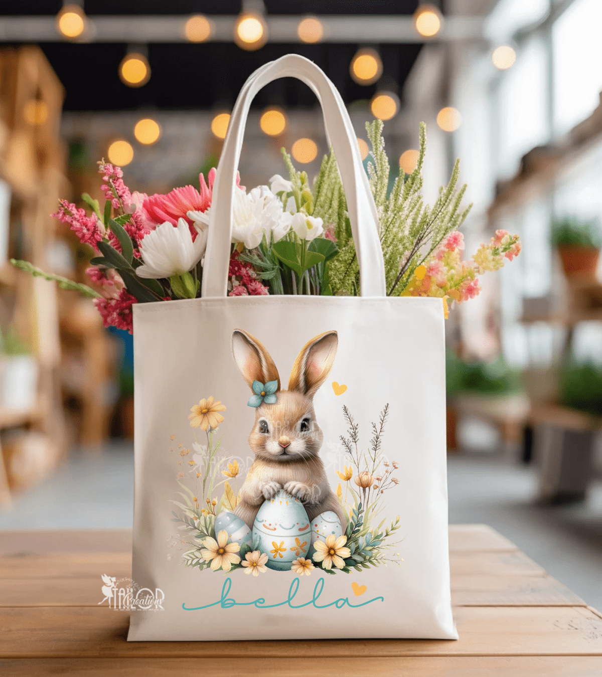 Floral Easter Bunny Custom Tote Bag - Watercolor Easter Personalized Tote Bags