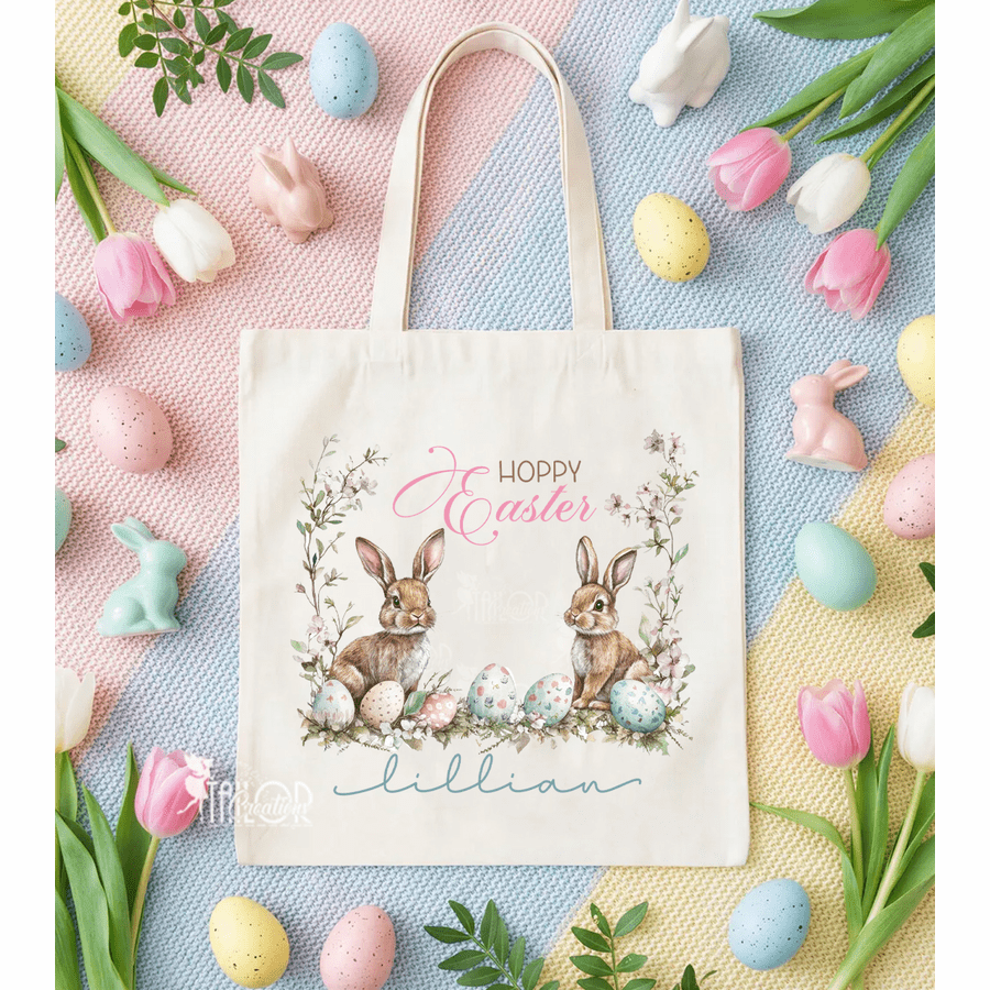 Floral Easter Custom Easter Egg Tote Bag - Personalized Easter Egg Hunt Candy Treat Bucket