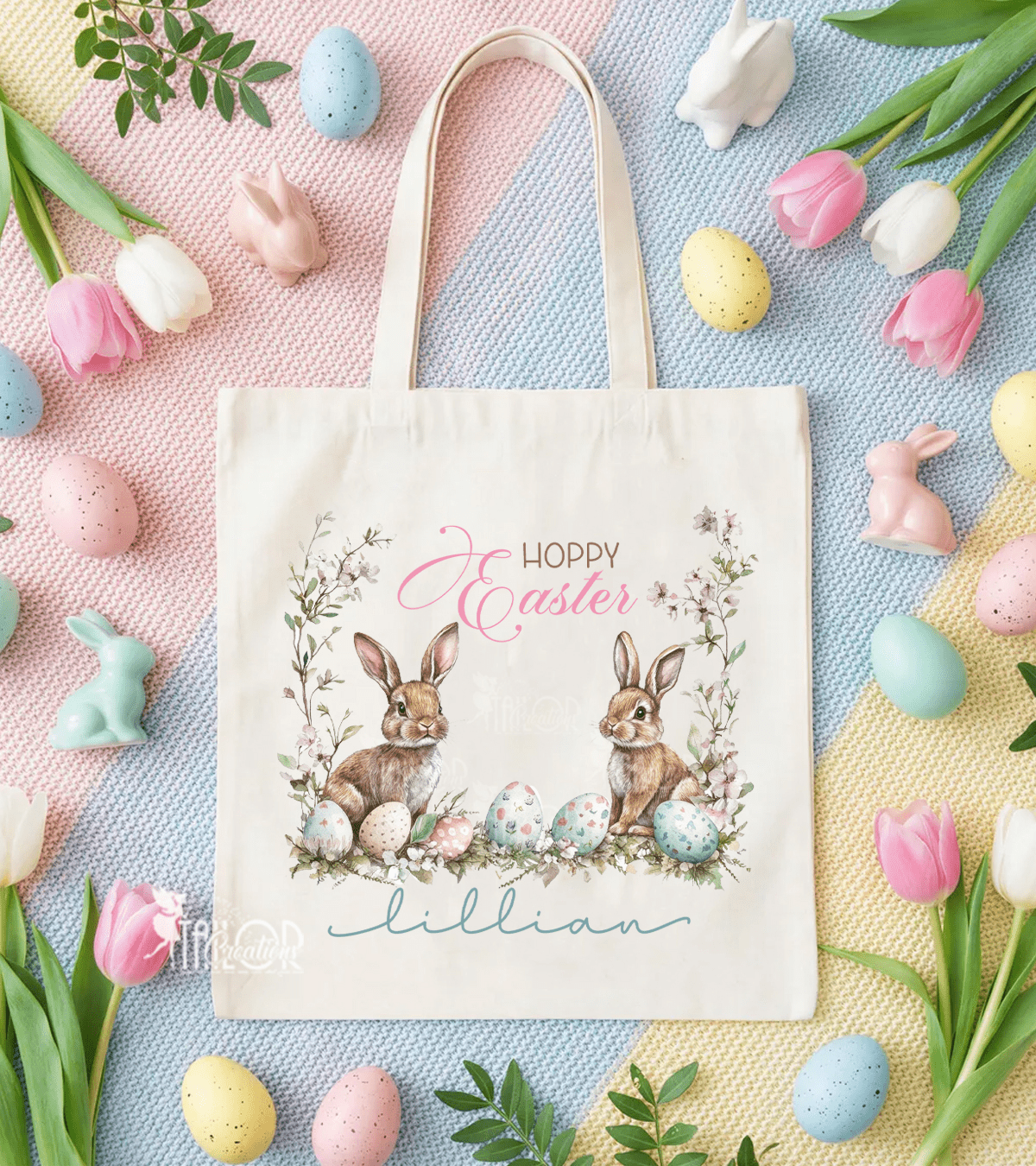 Floral Easter Custom Easter Egg Tote Bag - Personalized Easter Egg Hunt Candy Treat Bucket