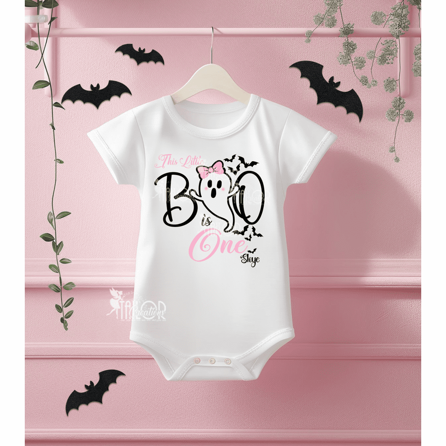 Ghost Boo Halloween Birthday Pink Black Bodysuit Shirt Onesie - Spooky One Pink Ghost Outfit