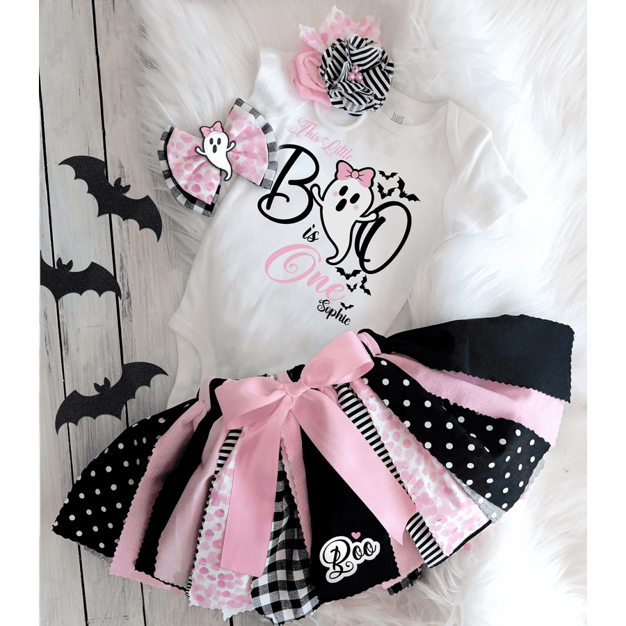 Ghost First Birthday Outfit Pink and Black Set - Spooky One, Halloween 1st Birthday Party Outfit