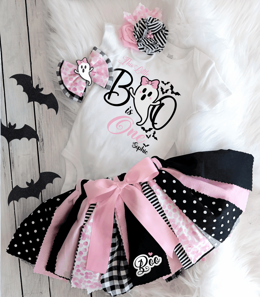 Ghost First Birthday Outfit Pink and Black Set - Spooky One, Halloween 1st Birthday Party Outfit