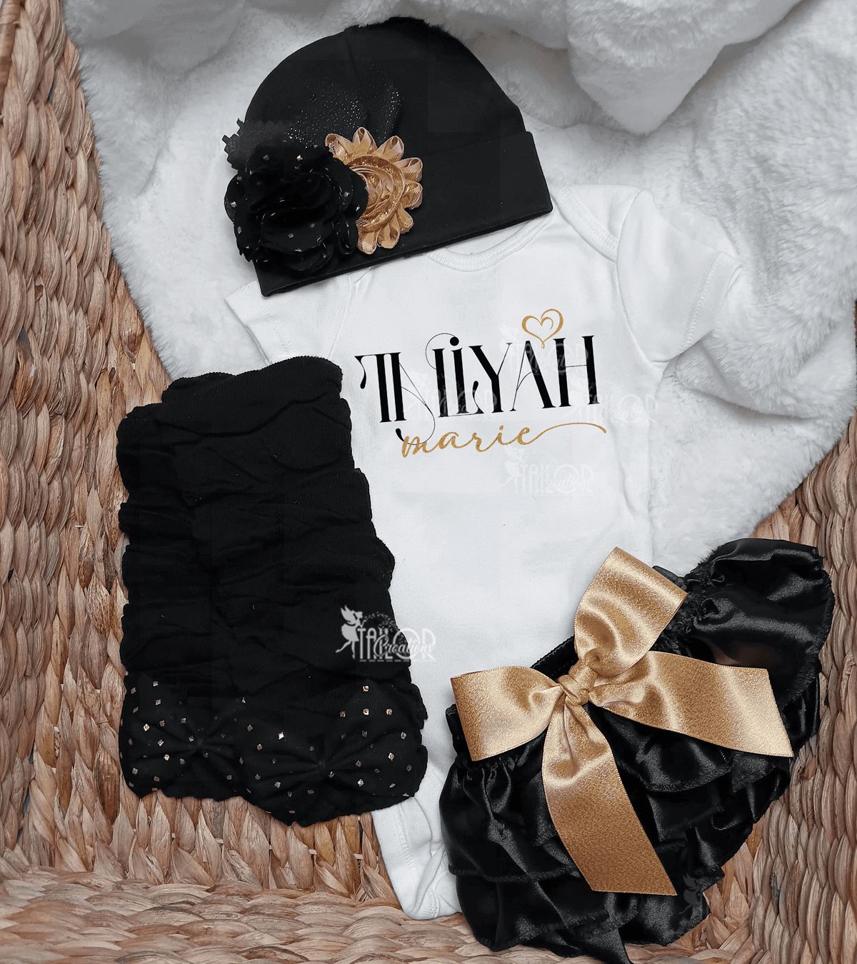 Gold & Black Baby Girl Custom Outfit Bodysuit - Newborn Coming Home Shower Gift Box
