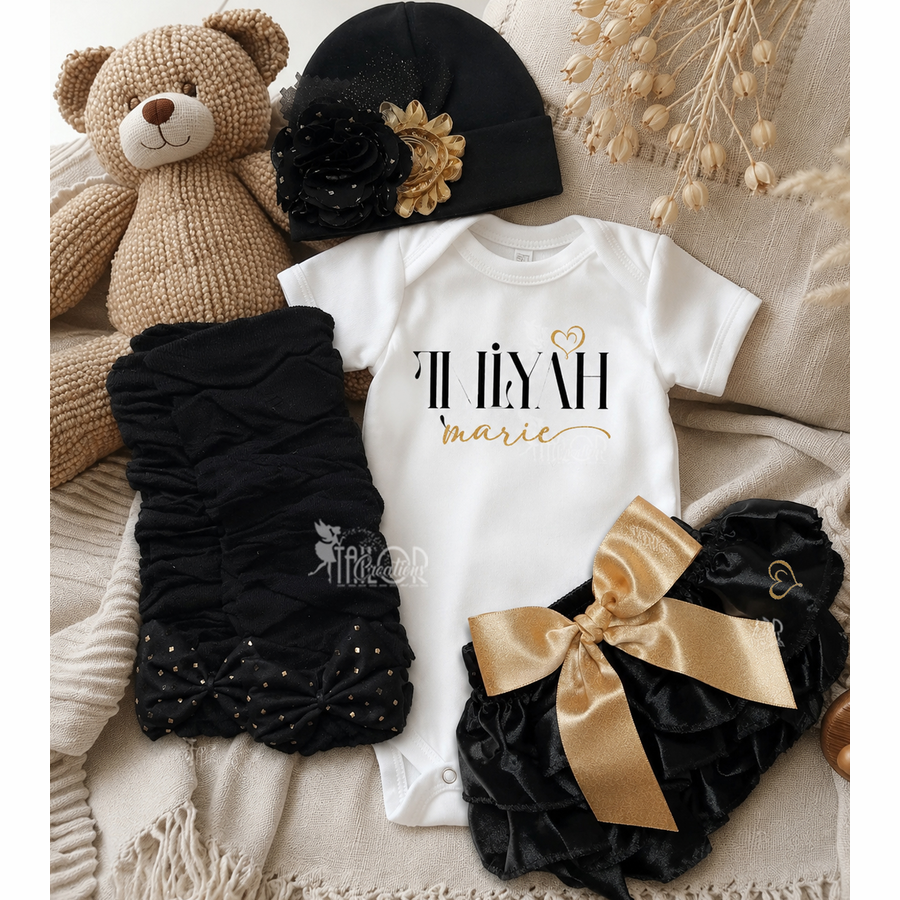 Gold & Black Baby Girl Custom Outfit Bodysuit - Newborn Coming Home Shower Gift Box