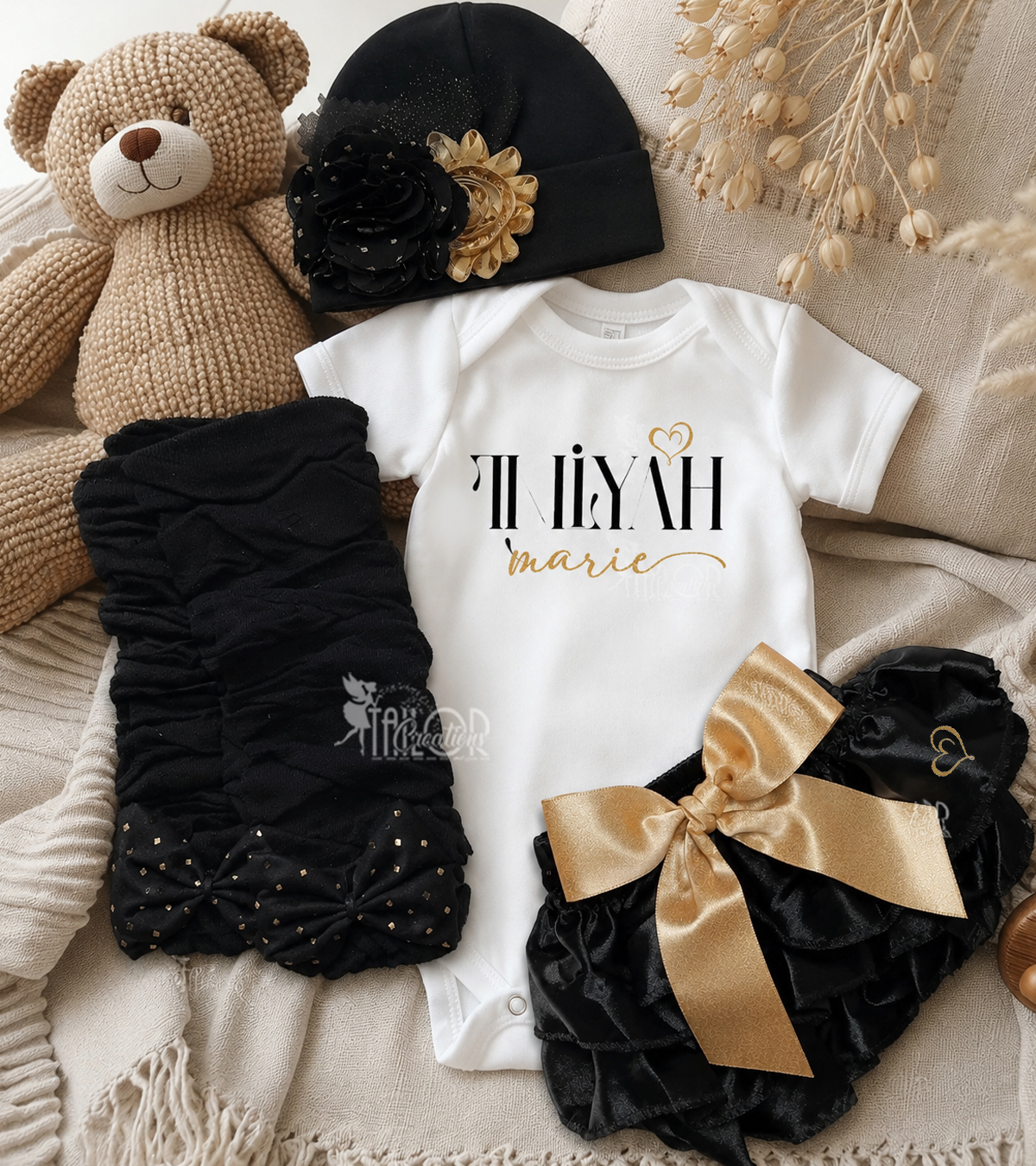Gold & Black Baby Girl Custom Outfit Bodysuit - Newborn Coming Home Shower Gift Box