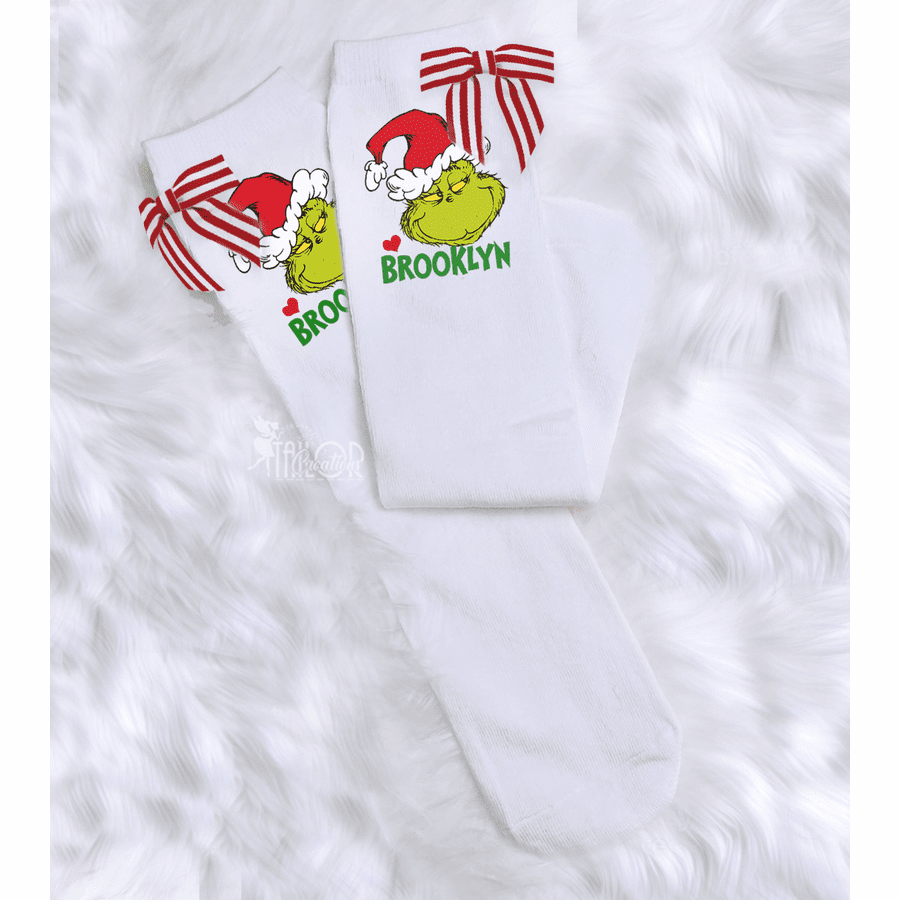 Grinch Bow Knee High Custom Socks - Grinch Toddler Socks for Kids