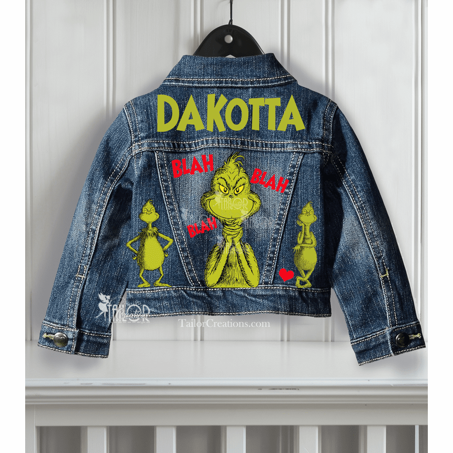Grinch Denim Jacket - Grinch Jean Jacket for Kids Adults - Custom Denim Jacket