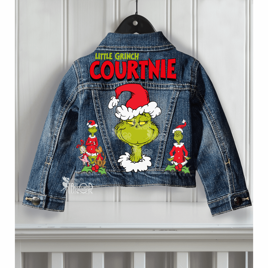 Grinch Denim Jacket - Grinch Jean Jacket for Kids Adults - Custom Denim Jacket