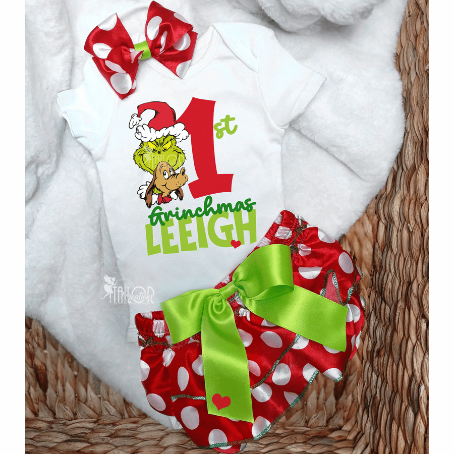 Grinch First Birthday Party Outfit for Girls - First Grinchmas Outfit Bloomer Bodysuit