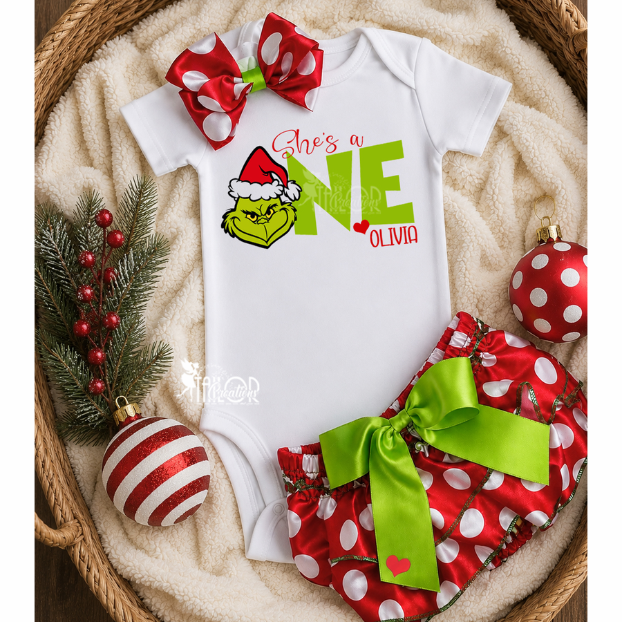 Grinch First Birthday Party Outfit for Girls - First Grinchmas Outfit Bloomer Bodysuit