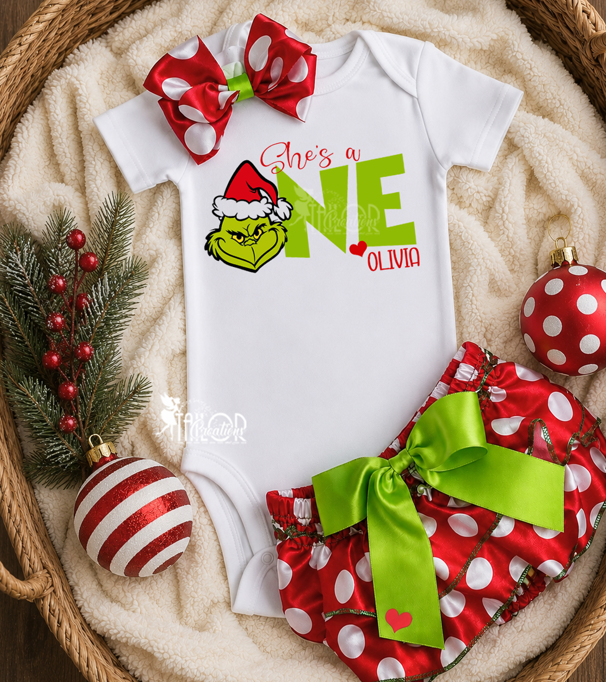 Grinch First Birthday Party Outfit for Girls - First Grinchmas Outfit Bloomer Bodysuit