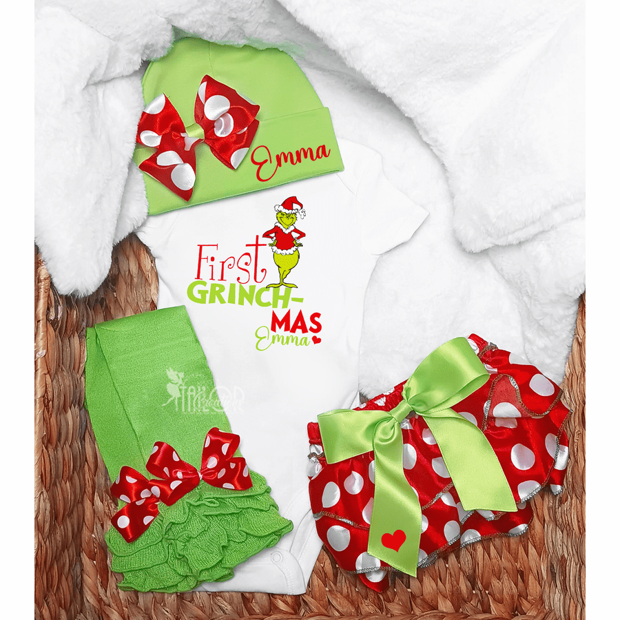Grinch Frist Grinchmas Newborn Baby Girl Outfit - First Christmas Whoville Theme Outfit
