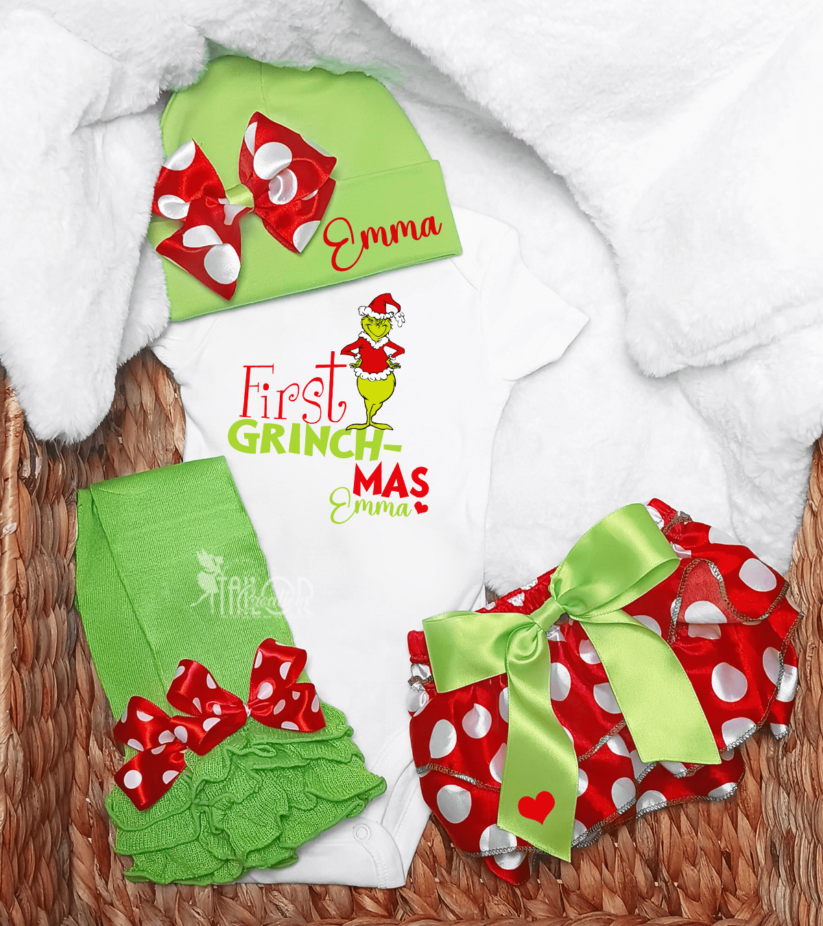 Grinch Frist Grinchmas Newborn Baby Girl Outfit - First Christmas Whoville Theme Outfit