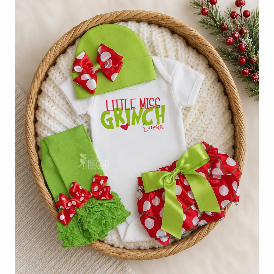 Grinch Frist Grinchmas Newborn Baby Girl Outfit - First Christmas Whoville Theme Outfit