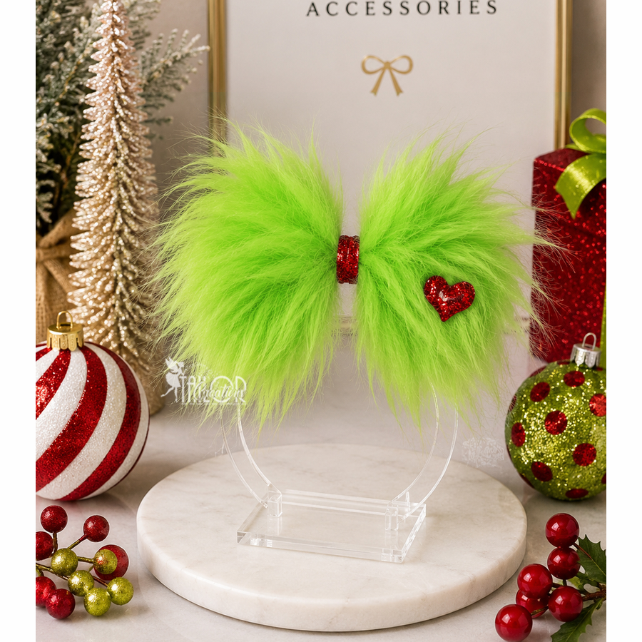 Grinch Inspired Faux Fur Hair Bow - Christmas Faux Fur Hair Bow for Girls