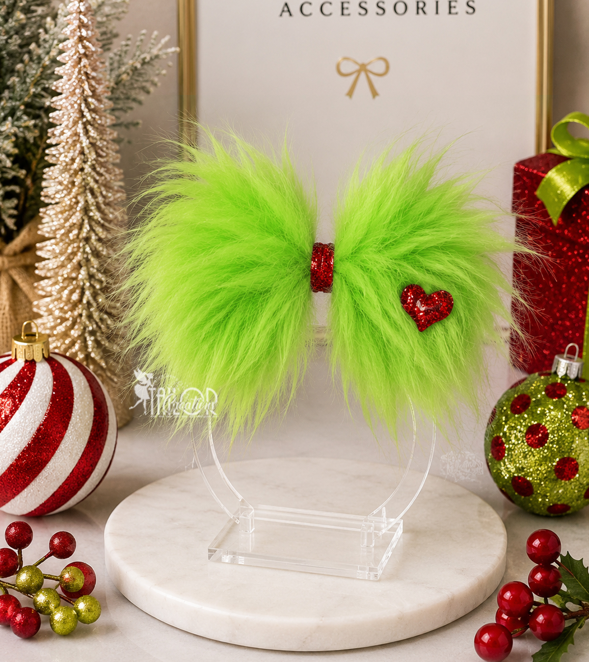 Grinch Inspired Faux Fur Hair Bow - Christmas Faux Fur Hair Bow for Girls
